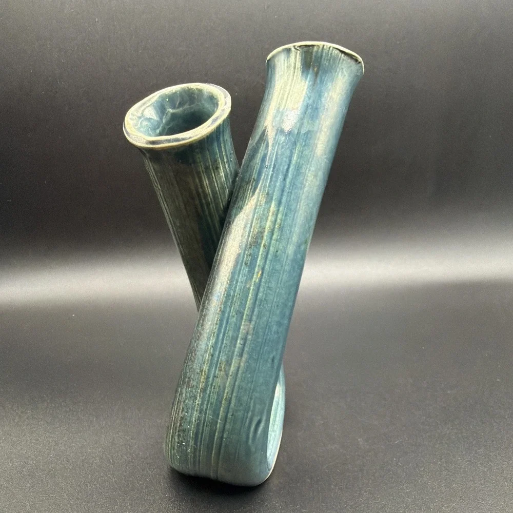 Vintage Handmade Signed Studio Art Pottery Double Bud Vase Blue Glaze Ikebana